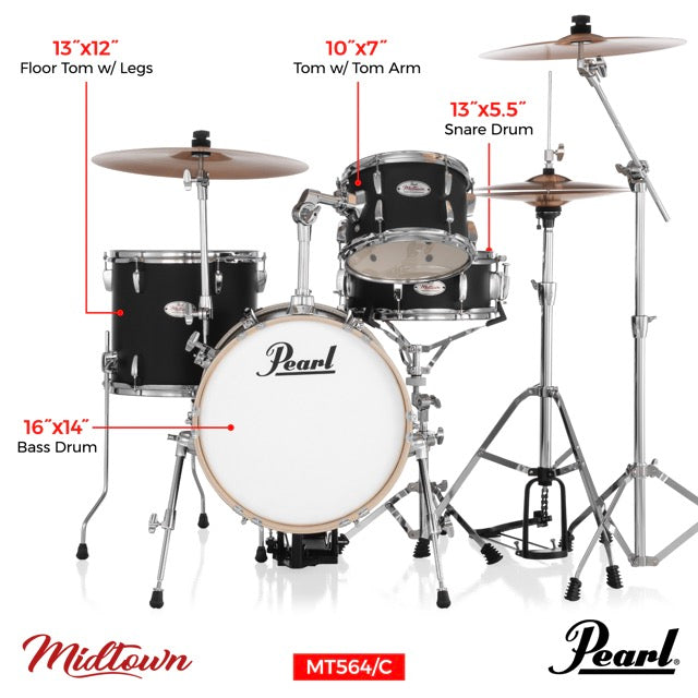 Pearl Drums (2024 Upgraded) Midtown 4 Pc Compact Drum set with Hardware MT564/C