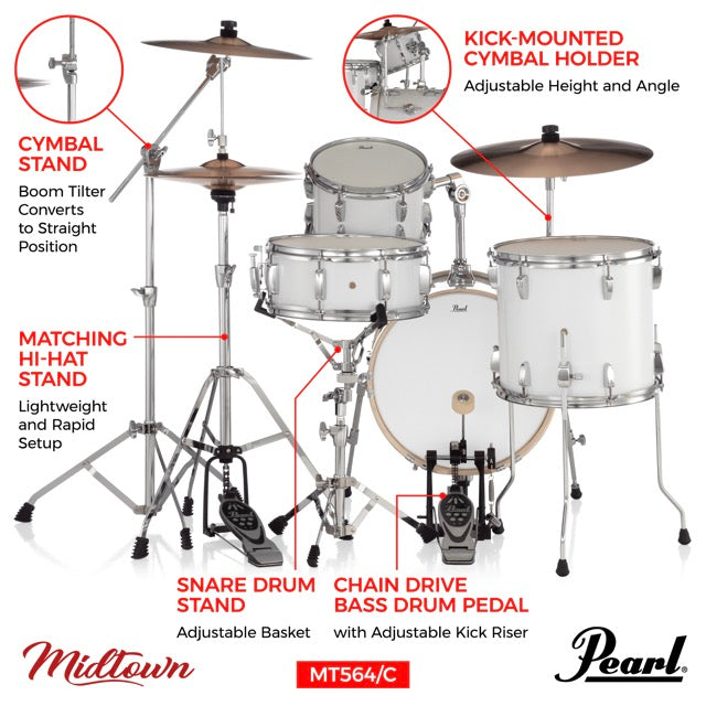 Pearl Drums (2024 Upgraded) Midtown 4 Pc Compact Drum set with Hardware MT564/C