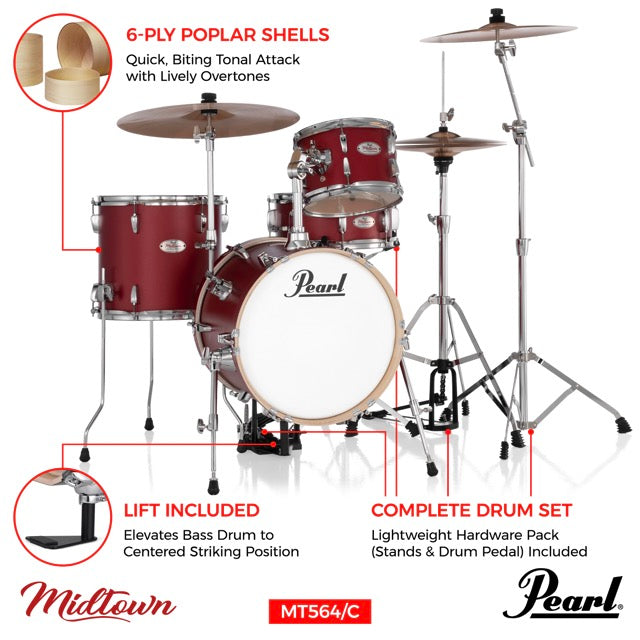 Pearl Drums (2024 Upgraded) Midtown 4 Pc Compact Drum set with Hardware MT564/C