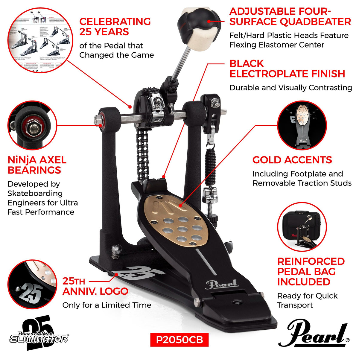 Pearl 25th Anniversary Eliminator Redline Single Bass Drum Pedal Black P-2050C/B limited edition