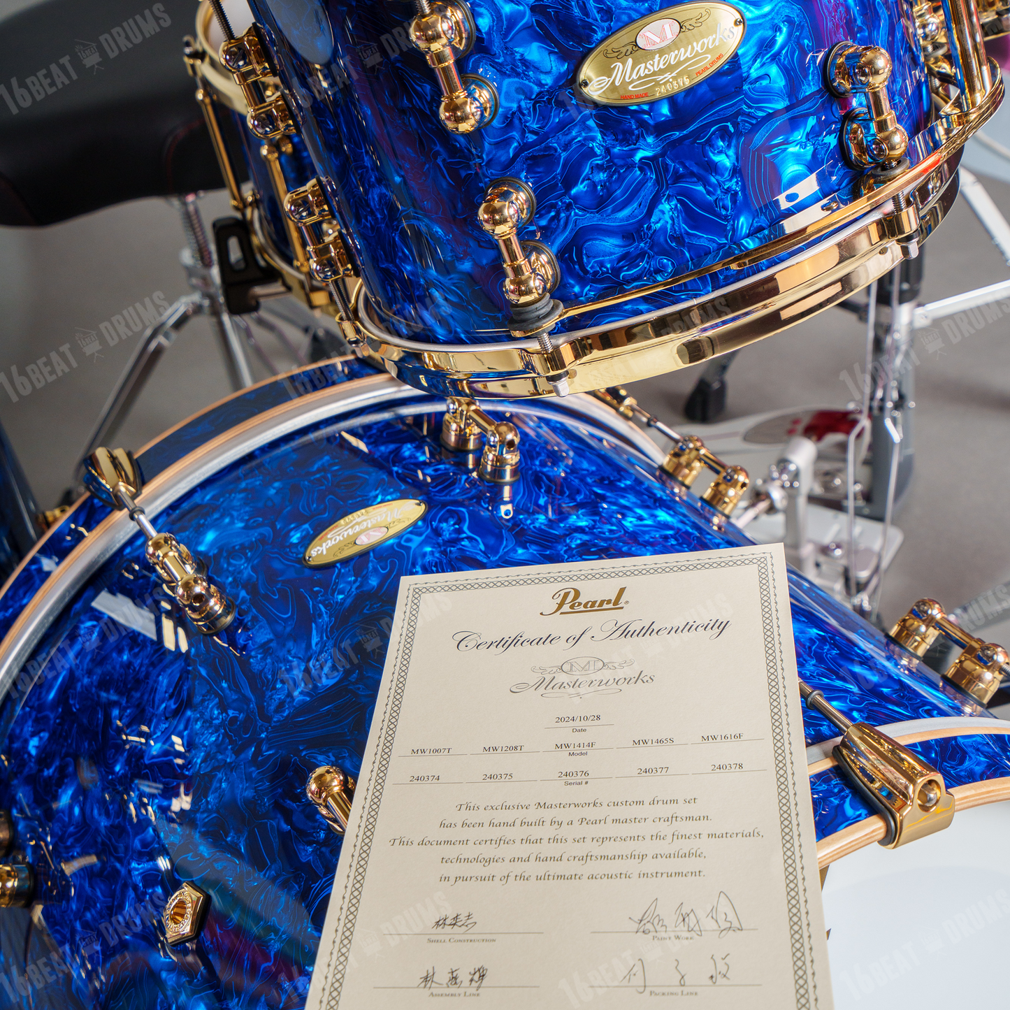 Pearl Drums Masterworks in Blue Abalone with Gold Hardware Tube Lugs & special individual shell formulas MW-6-Pc-Complete/G#418