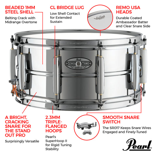 Pearl Sensitone Heritage Alloy Steel Snare Drum 14"x6.5" STH1465S