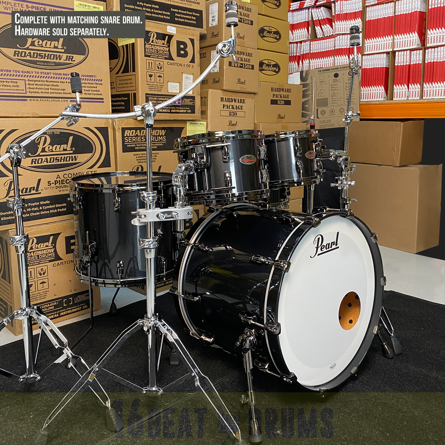 Pearl REFERENCE series in Black Pearl with Black Nickel hardware, complete 5 piece shell set inclusive of matching snare drum