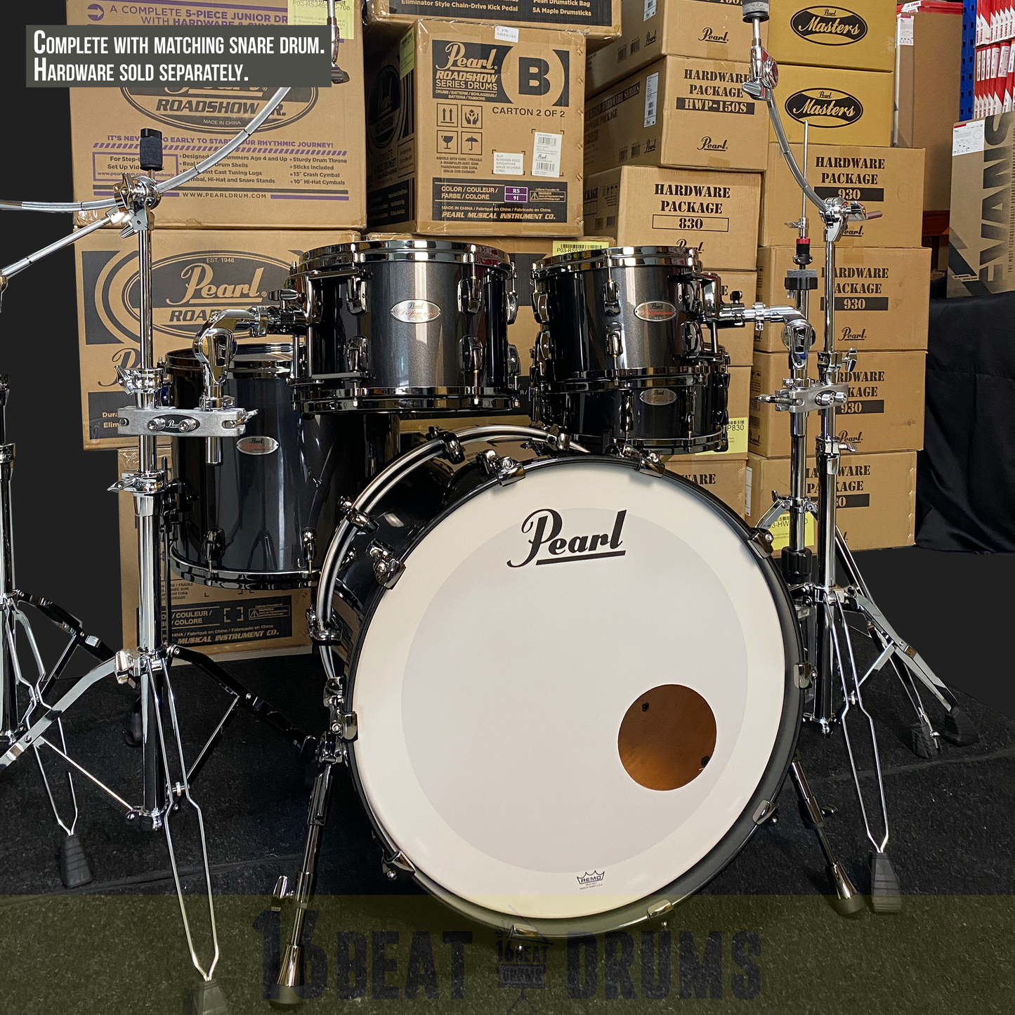 Pearl REFERENCE series in Black Pearl with Black Nickel hardware, complete 5 piece shell set inclusive of matching snare drum