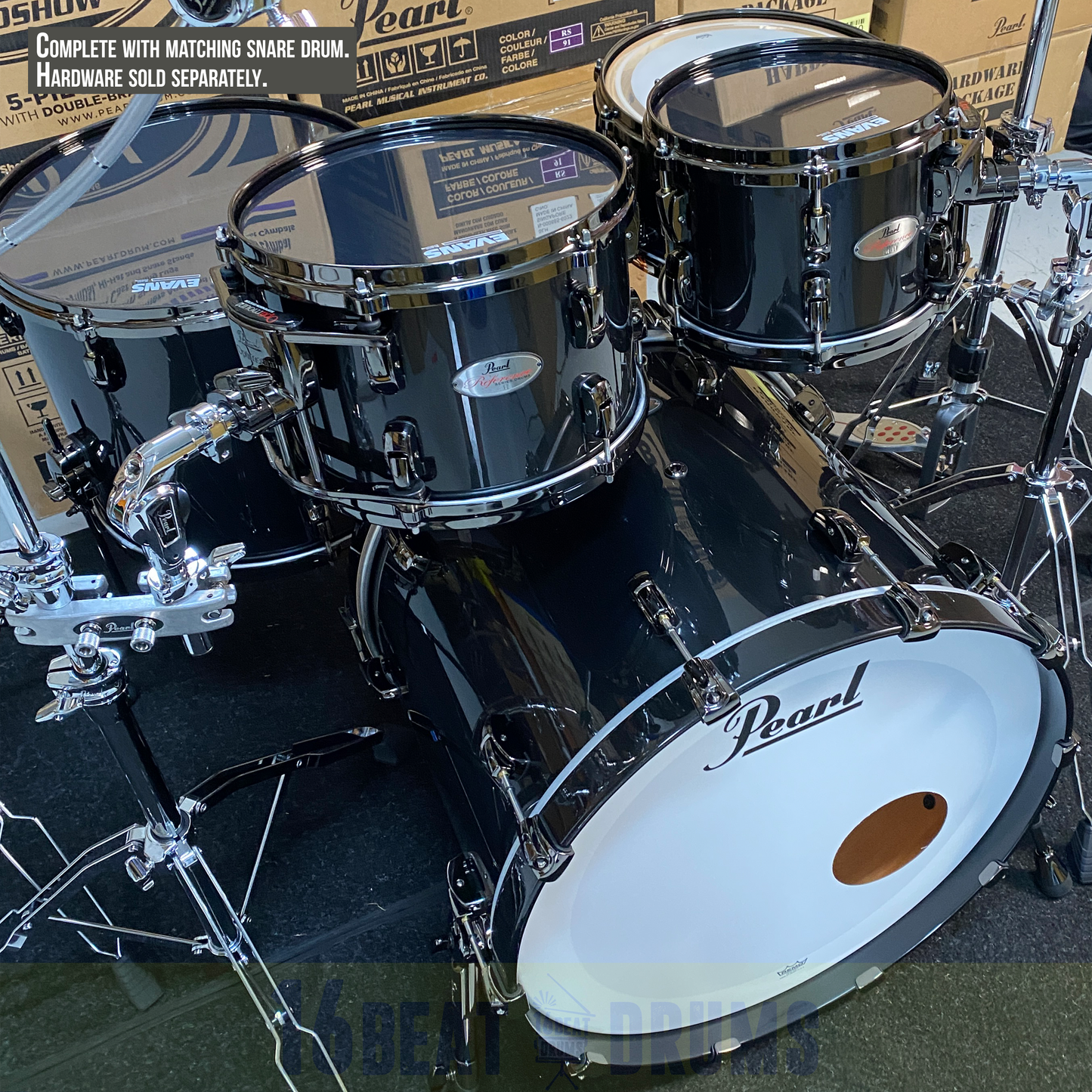 Pearl REFERENCE series in Black Pearl with Black Nickel hardware, complete 5 piece shell set inclusive of matching snare drum