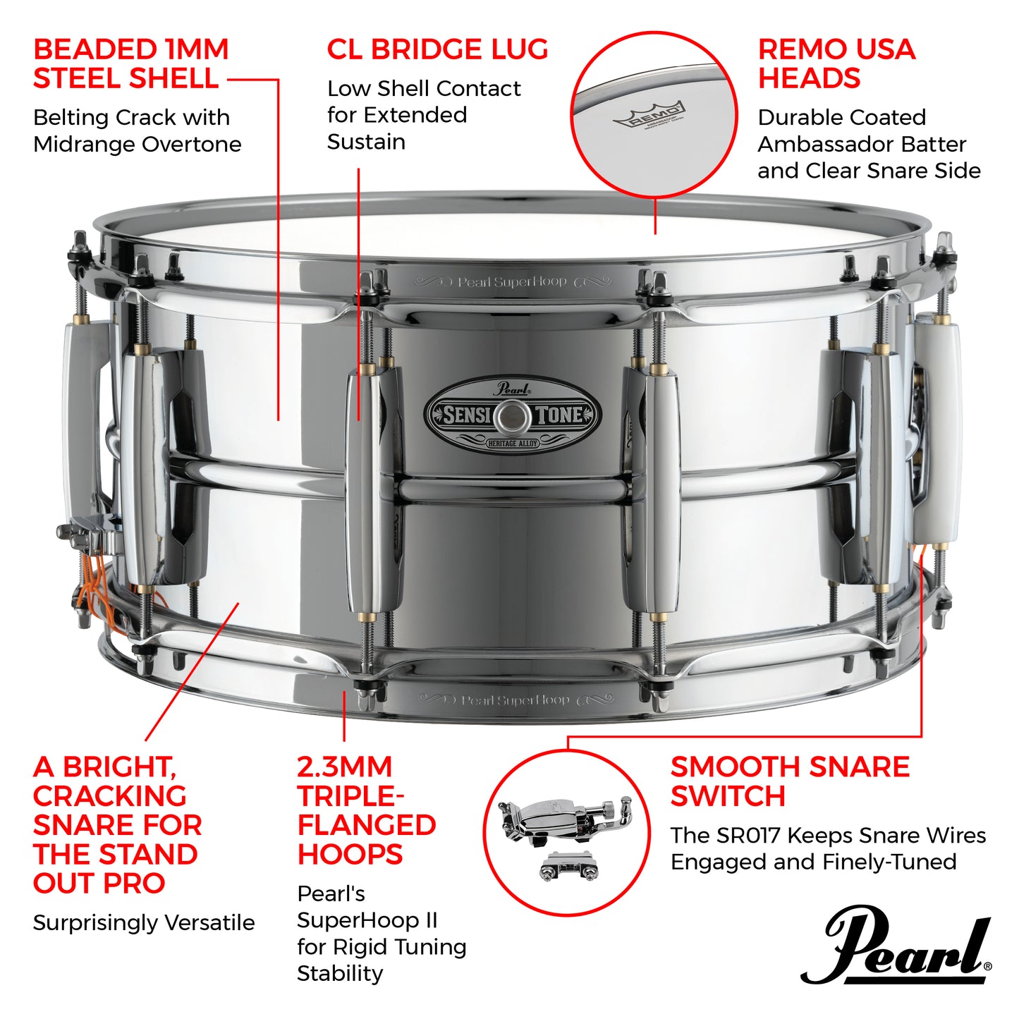 Pearl Sensitone Heritage Alloy Steel Snare Drum 14"x6.5" STH1465S