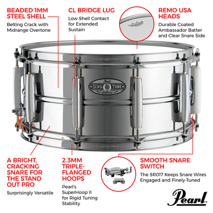 Pearl Sensitone Heritage Alloy Steel Snare Drum 14"x6.5" STH1465S