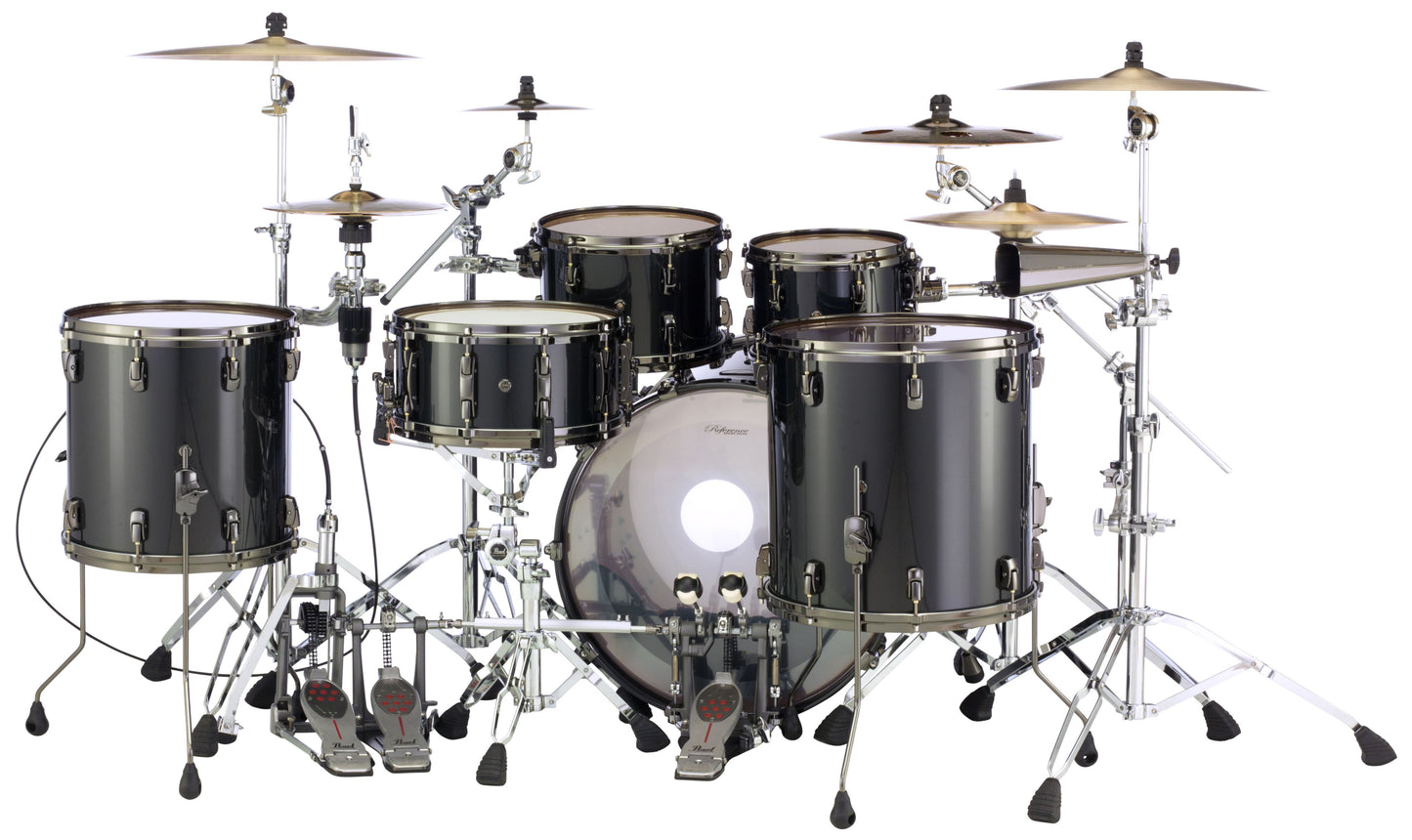 Pearl REFERENCE series in Black Pearl with Black Nickel hardware, complete 5 piece shell set inclusive of matching snare drum