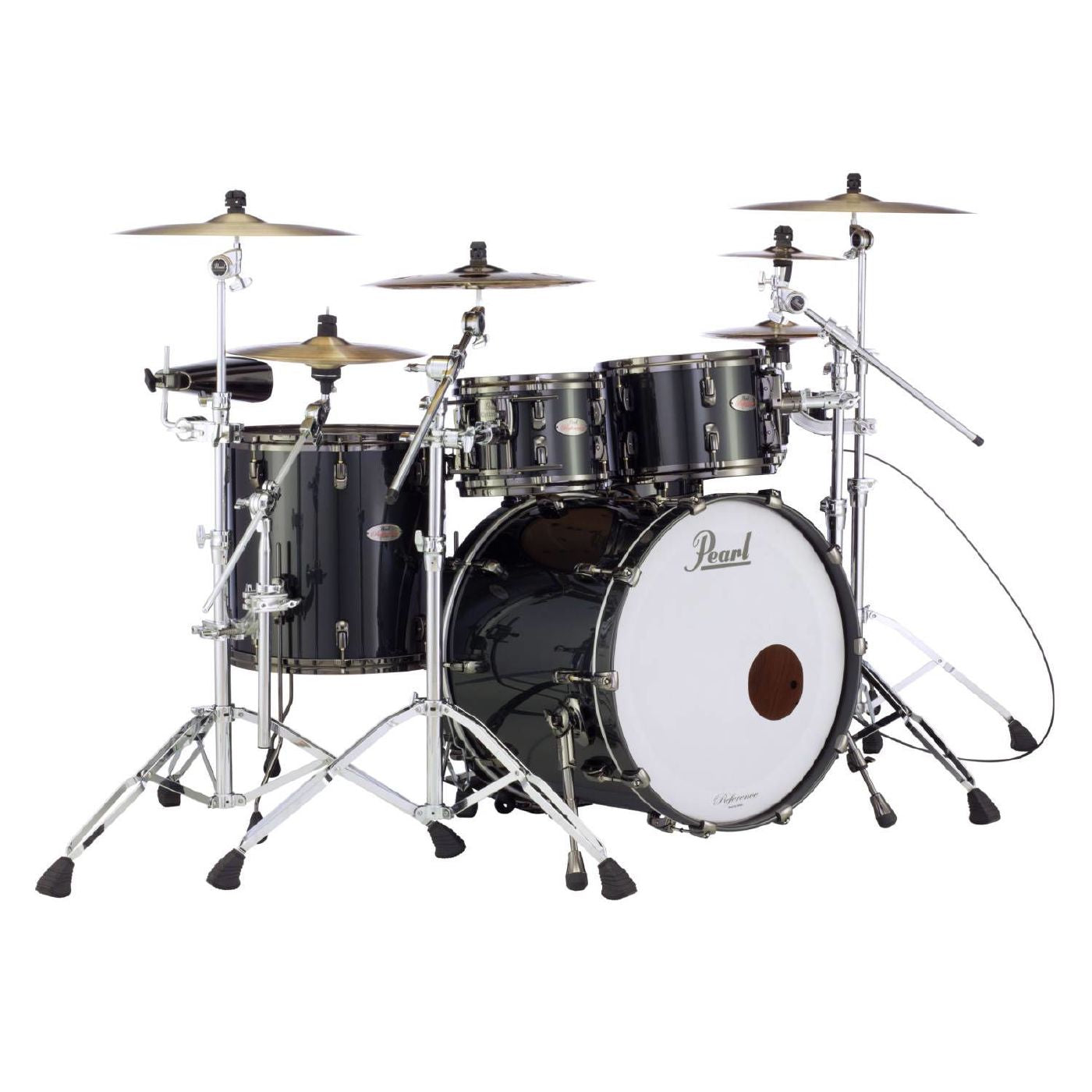 Pearl REFERENCE series in Black Pearl with Black Nickel hardware, complete 5 piece shell set inclusive of matching snare drum