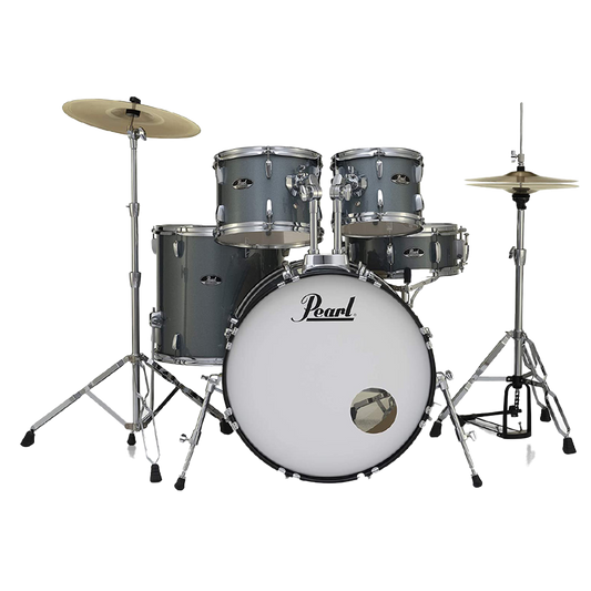 Pearl ROADSHOW CHARCOAL METALLIC 5 Pc Drum Kit (20" kick) w/ Hardware+Throne+Cymbals (14HH/16CR/20R)